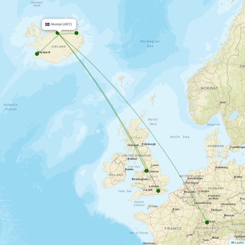Route map over AEY airport