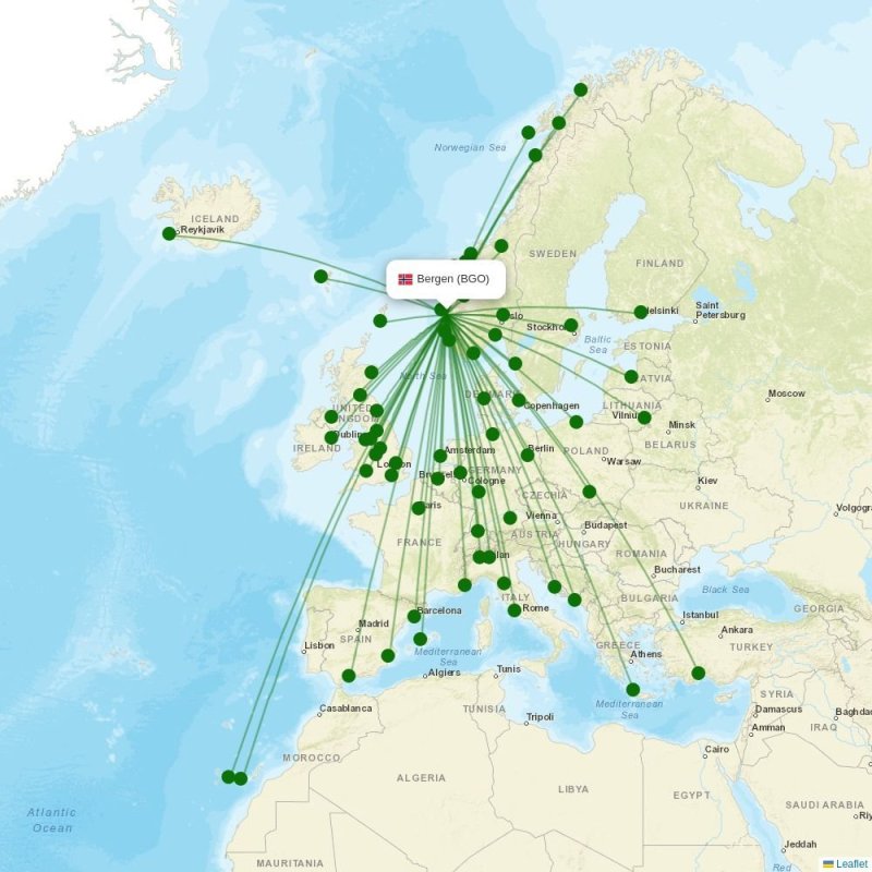 Bergen Airport destination map