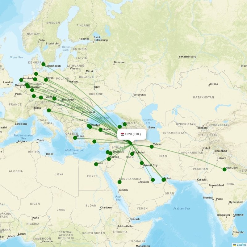 Route map over EBL airport