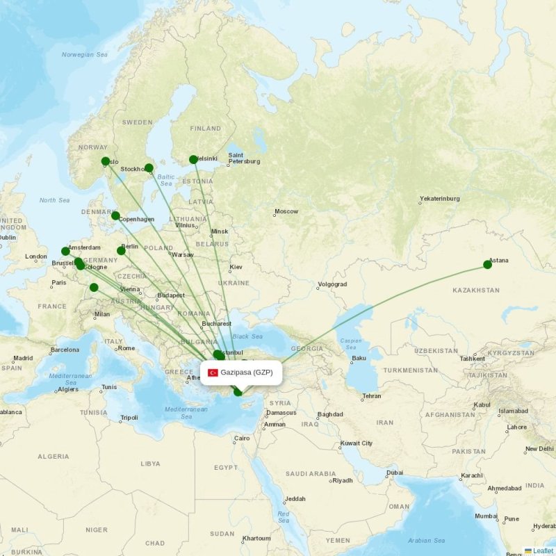 Route map over GZP airport