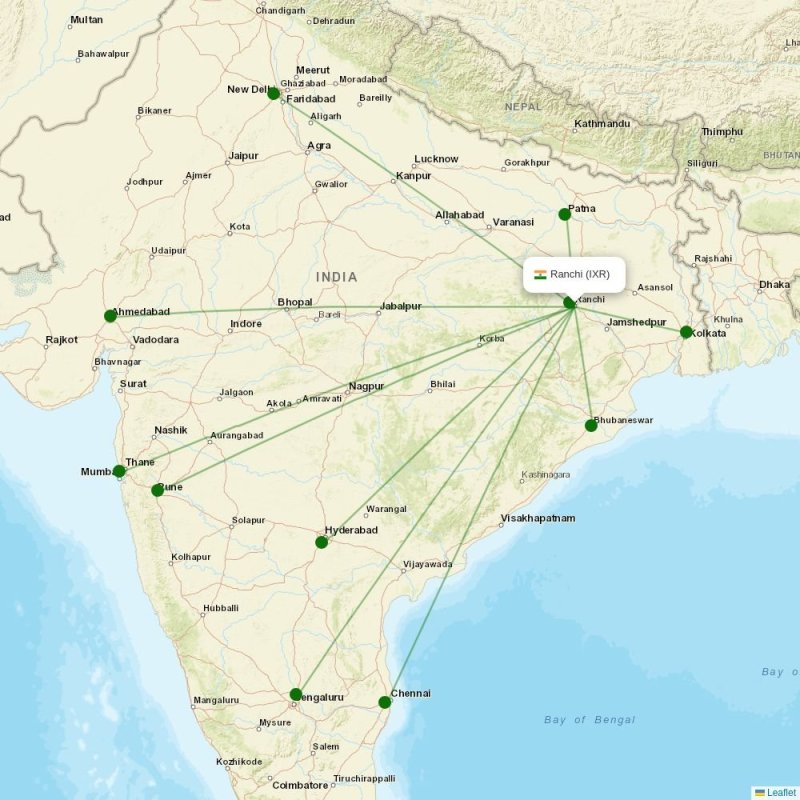Route map over IXR airport