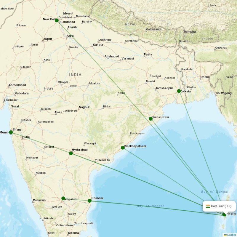 Route map over IXZ airport