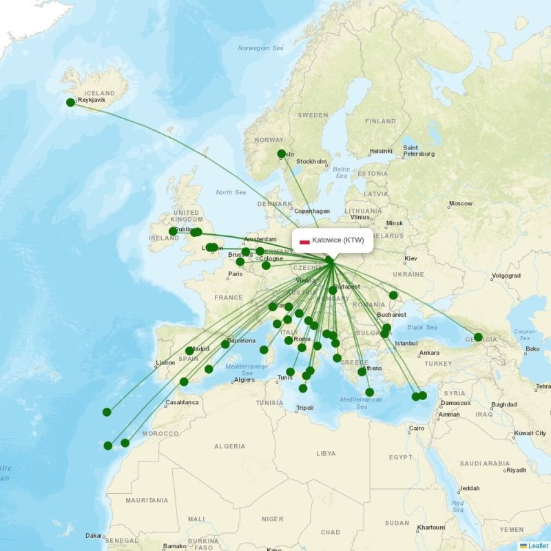 Route map over KTW airport