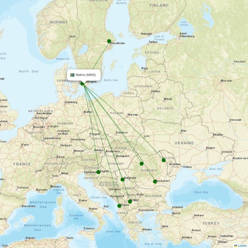 Route map Malmo  MMX airport
