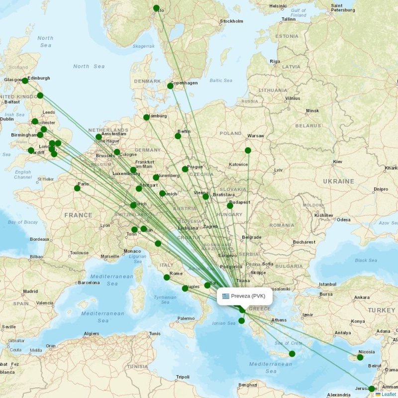 Route map over PVK airport