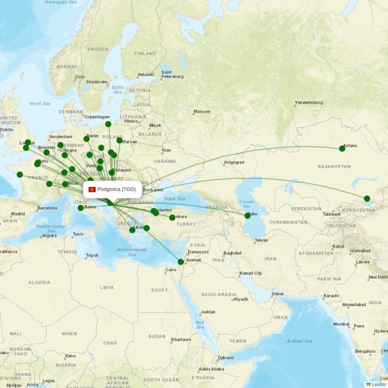 Route map over TGD airport