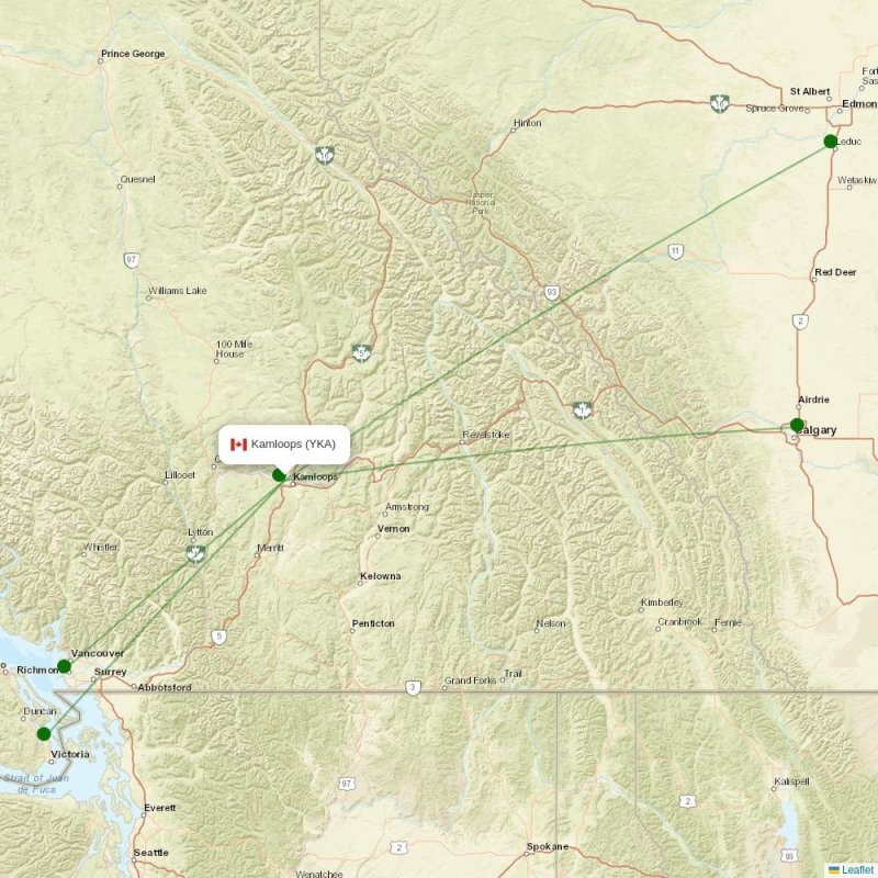Route map over YKA airport