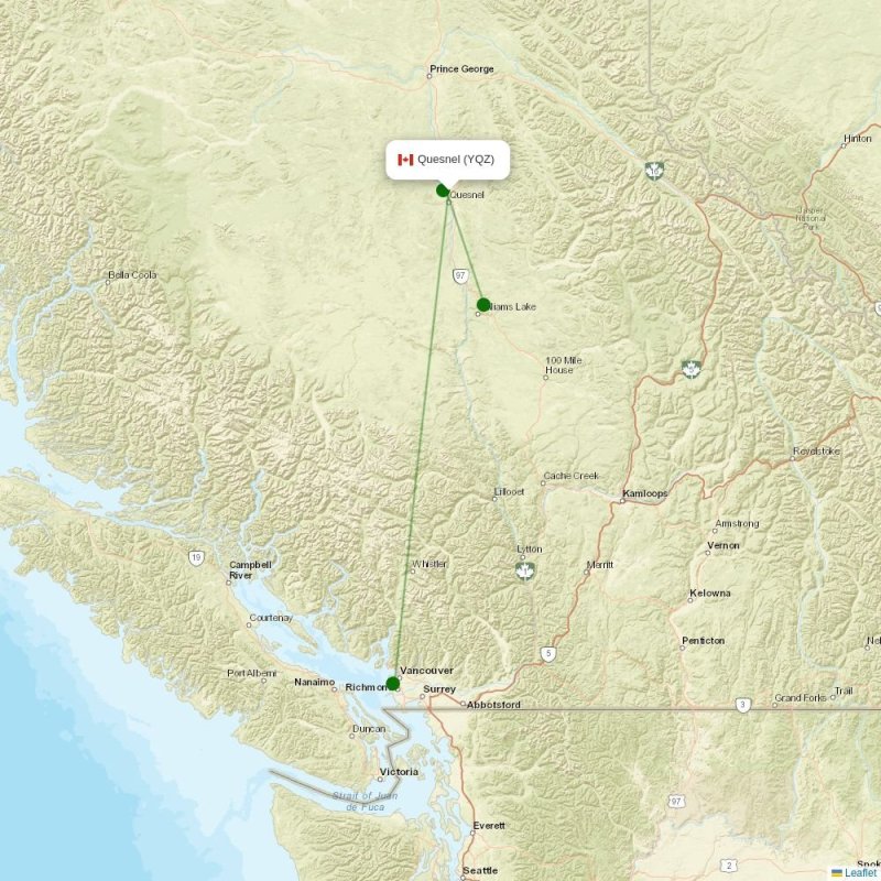 Route map over YQZ airport