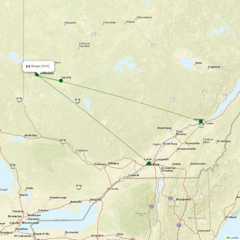 Route map over YUY airport