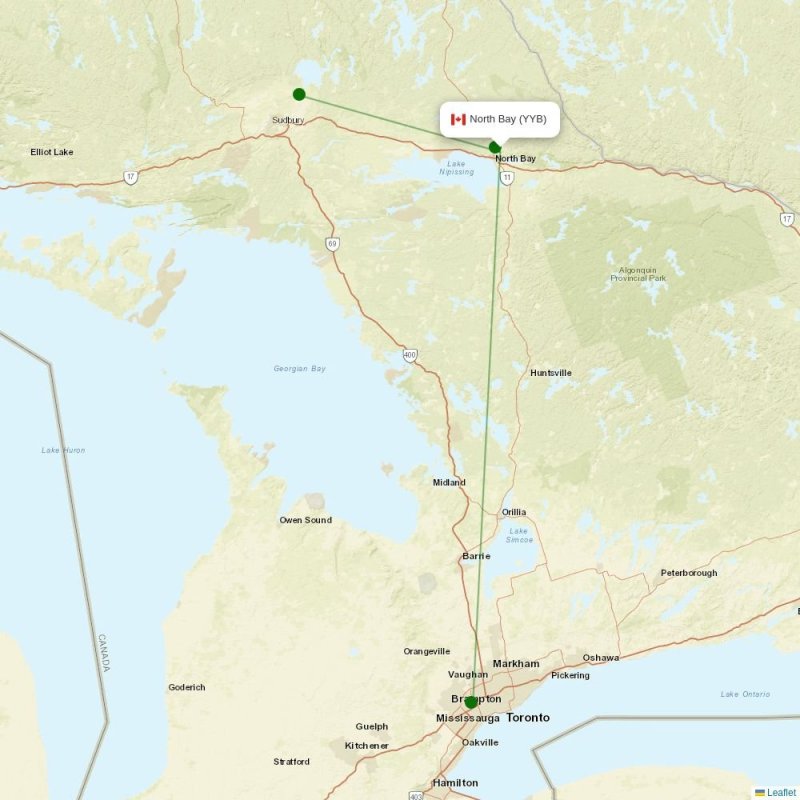 Route map over YYB airport