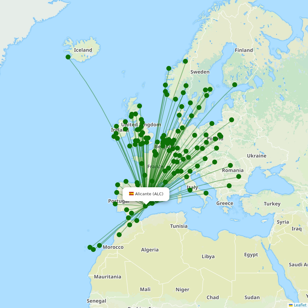 Alicante–Elche Miguel Hernández Airport destination map