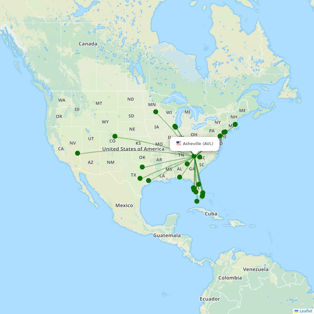 Asheville Regional Airport destination map