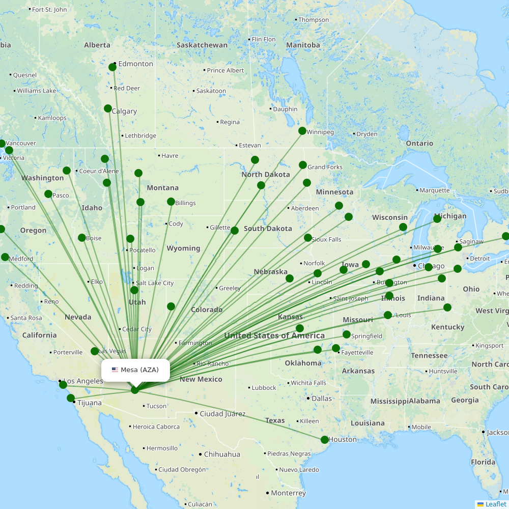 Phoenix–Mesa Gateway Airport destination map