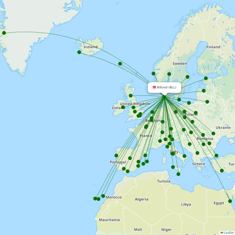 Billund Airport destination map