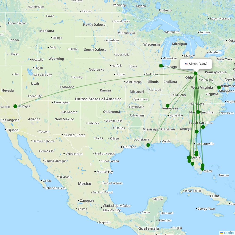 Akron Canton Regional Airport destination map