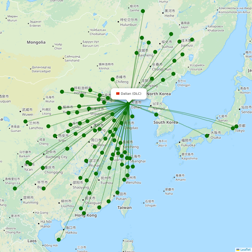 Dalian Zhoushuizi International Airport destination map