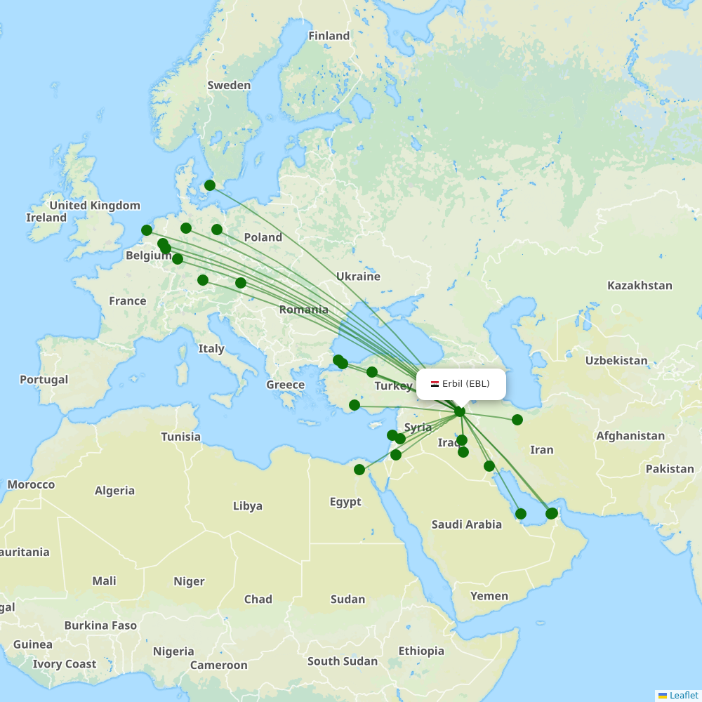 Route map over EBL airport