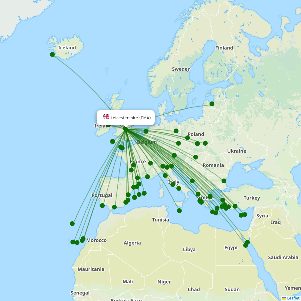 Nottingham Airport destination map