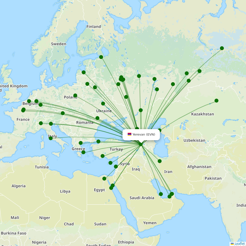 Zvartnots International Airport destination map