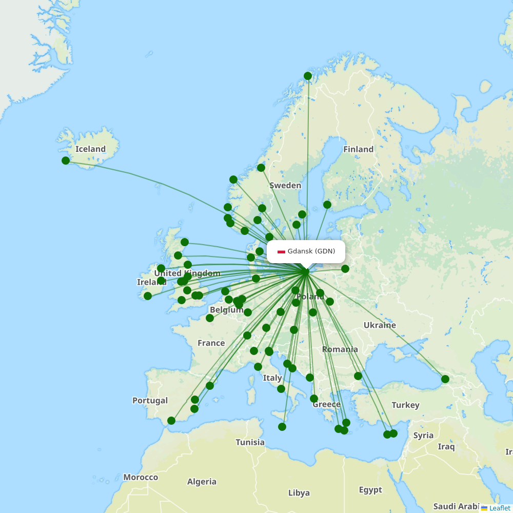 Gdańsk Lech Wałęsa Airport destination map