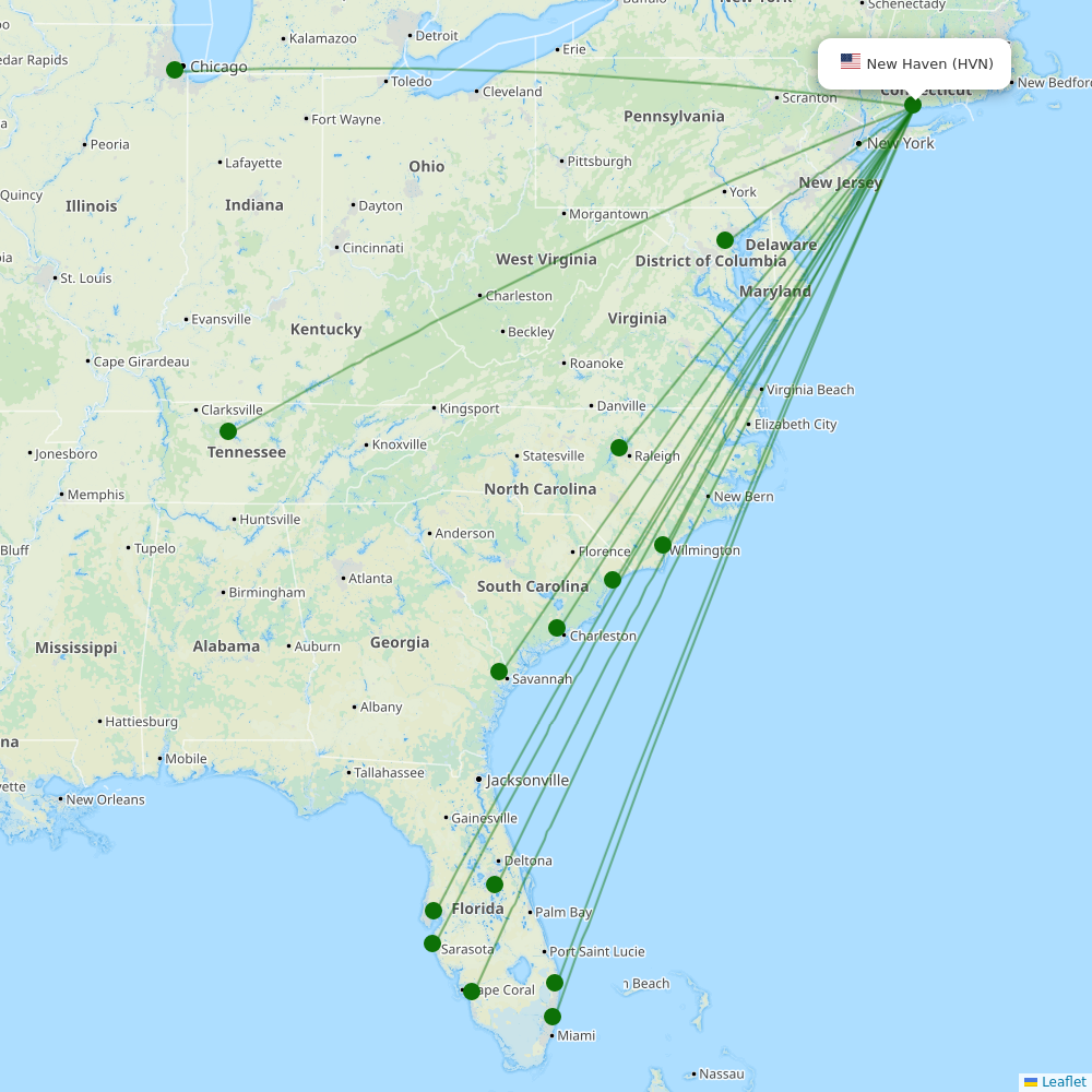 Tweed-New Haven Airport destination map