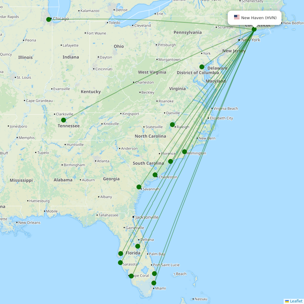 Route map over HVN airport