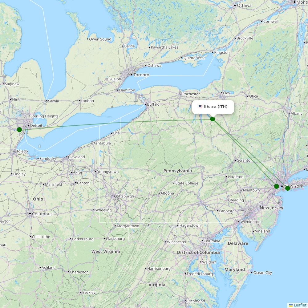 Ithaca Tompkins Regional Airport destination map