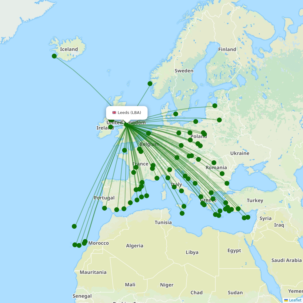 Leeds Bradford destination map