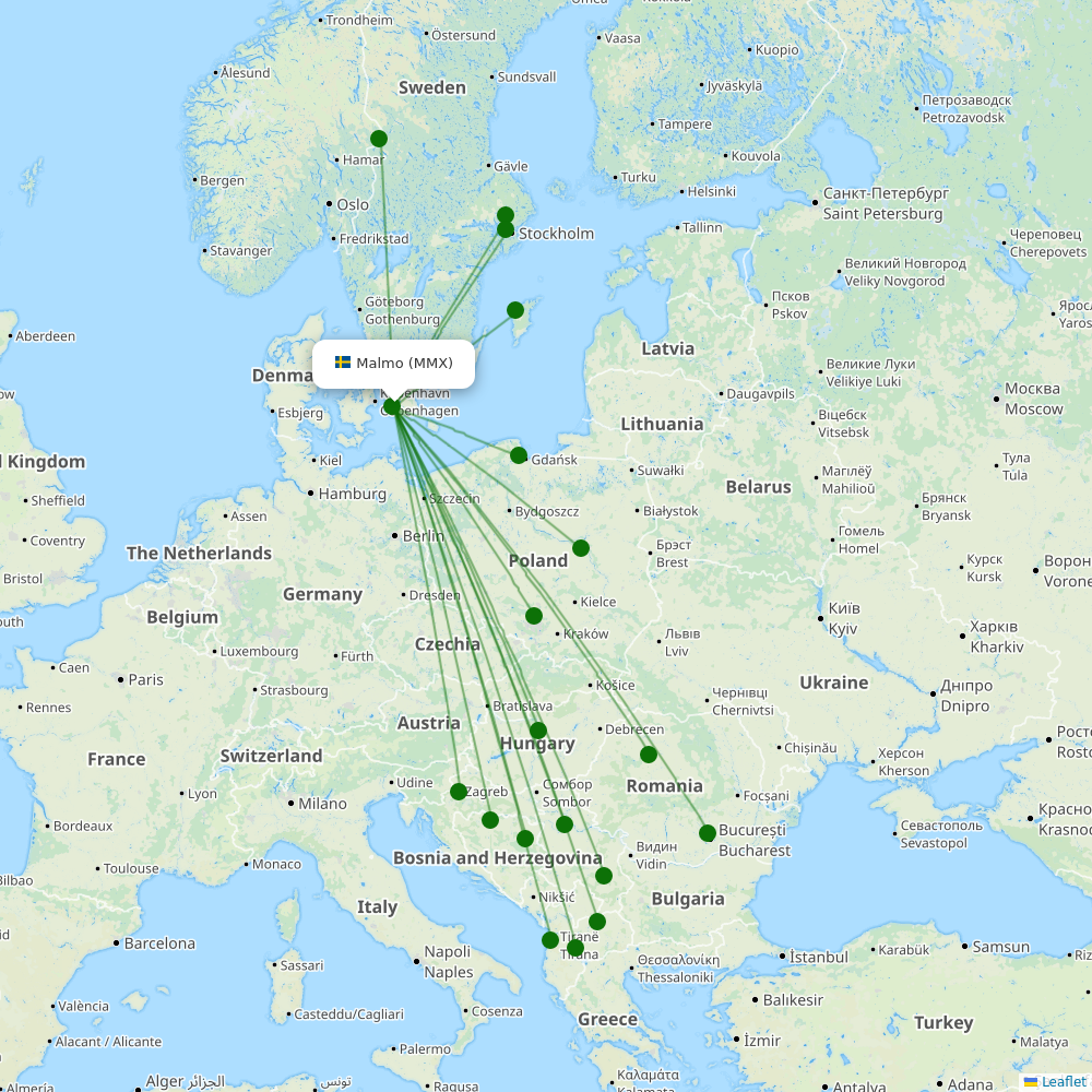 Route map Malmo  MMX airport