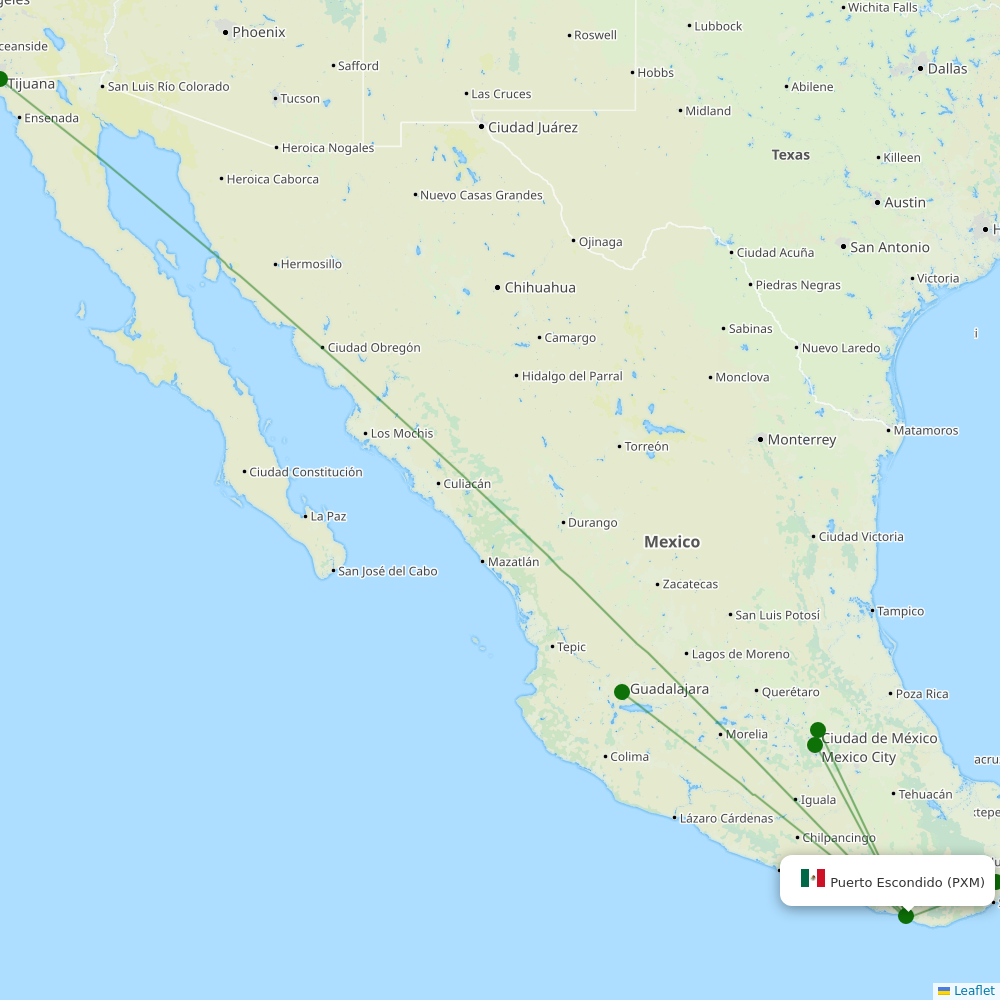 Route map Puerto Escondido  PXM airport