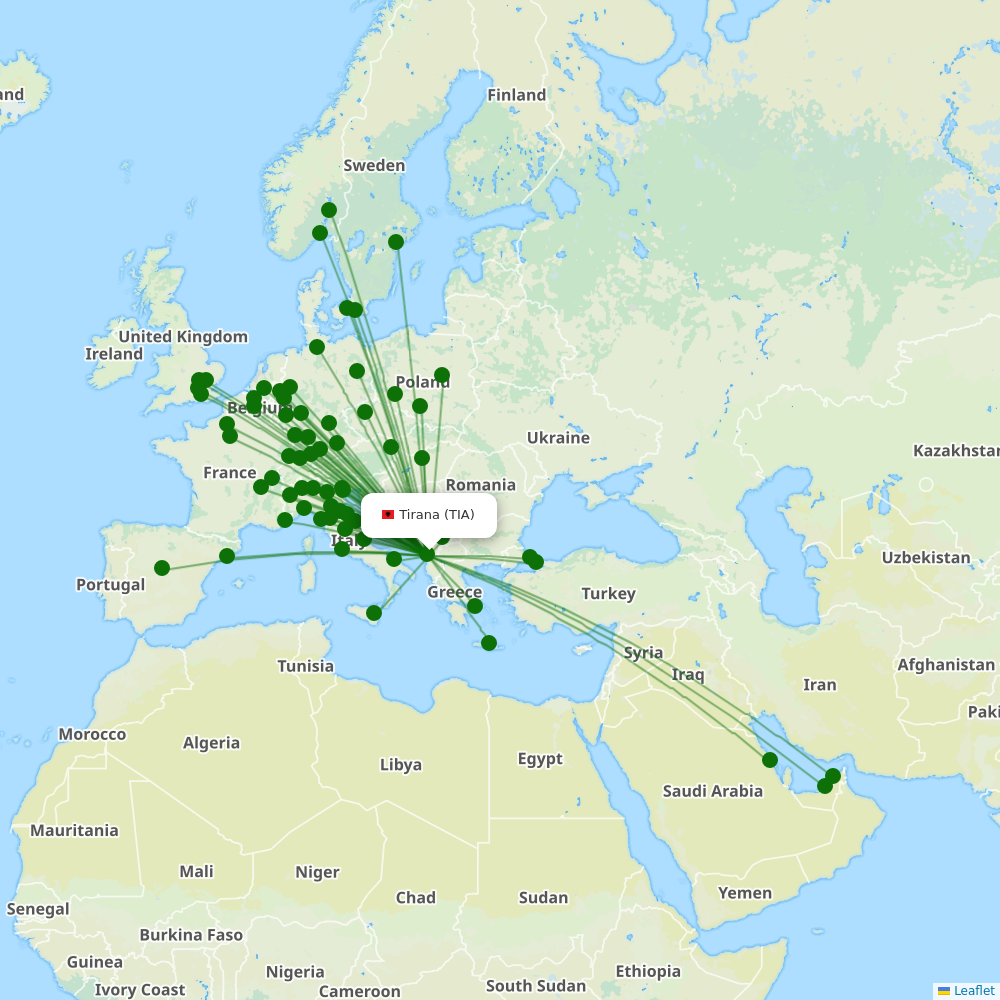 Tirana International Airport Nënë Tereza destination map