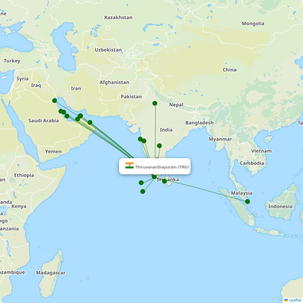 Thiruvananthapuram International destination map