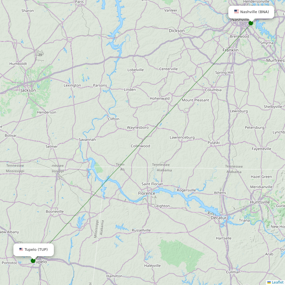 Tupelo Regional Airport destination map