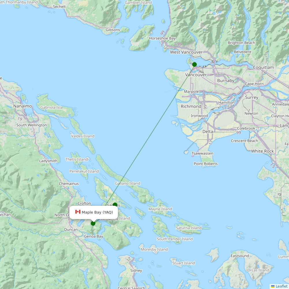 Route map Maple Bay  YAQ airport
